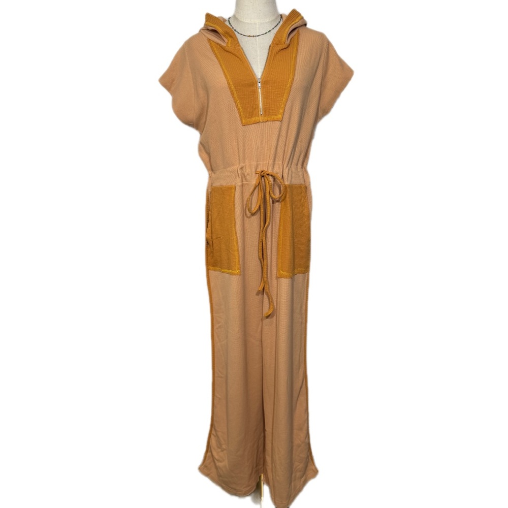 POL Waffle Knit Hooded Jumpsuit Tan Camel Contrast Pockets Boho Small NWOT
